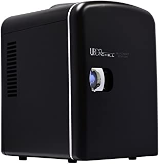 Uber Appliance UB, CH1 Uber Chill Mini Fridge 6, can portable Thermoelectric Cooler and Warmer Mini Fridge for Bedroom, Office or Dorm, Blackout Matte Black with Blue LED Fan