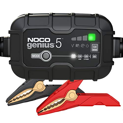 NOCO GENIUS5, 5-Amp Fully-Automatic Smart Charger, 6V And 12V Battery Charger, Battery Maintainer, Trickle Charger, And Battery Desulfator With Temperature Compensation