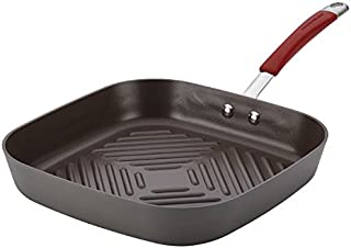 Rachael Ray Cucina Hard-Anodized Nonstick 11-Inch Deep Square Grill Pan, Gray with Cranberry Red Handle - 87632