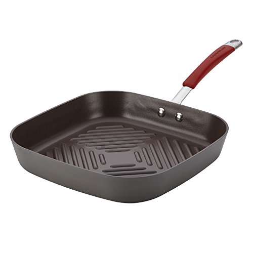 Rachael Ray Cucina Hard-Anodized Nonstick 11-Inch Deep Square Grill Pan, Gray with Cranberry Red Handle - 87632