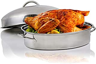 Ovente Kitchen Oval Roasting Pan 16 Inch Stainless Steel Nonstick Baking Tray with Lid & Rack, Dishwasher Safe Roaster for Oven Cooking Grilling Turkey Chicken at Home or Thanksgiving Silver CWR32161S