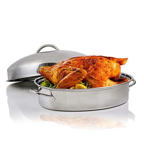 Ovente Kitchen Oval Roasting Pan 16 Inch Stainless Steel Nonstick Baking Tray with Lid & Rack, Dishwasher Safe Roaster for Oven Cooking Grilling Turkey Chicken at Home or Thanksgiving Silver CWR32161S