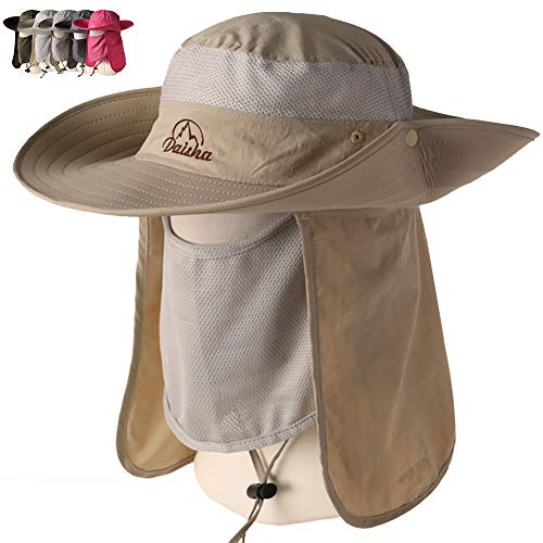 Peicees Wide Brim Fishing Hat, UV Sun Protection UPF50+ Shade Hat, Detachable Removable Neck&Face Flap Cover Cowboy Hat for Men Women, Backpacking Cycling Hiking Hunting Camping(Khaki)