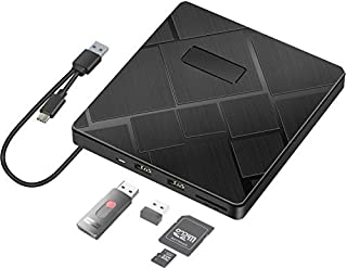 External CD DVD Drive for Laptop, USB C DVD Drive for PC Desktop Mac MacBook, Portable DVD RW Drive with Memory Card Reader & 2 USB Slot, for Windows XP/2003/Vista/7/8.1/10,Linux,OS System