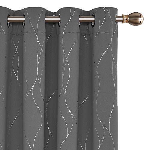 Deconovo Grommet Top Blackout Curtains Thermal Insulated Curtains Window Curtains with Wave Line and Dots Pattern for Bedroom and Dining Room 52 x 72 Inch Grey Set of 2