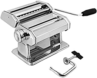 GOURMEX Stainless Steel Manual Pasta Maker Machine | With Adjustable Thickness Settings | Perfect for Professional Homemade Spaghetti and Fettuccini | Includes Removable Handle and Clamp (Silver)