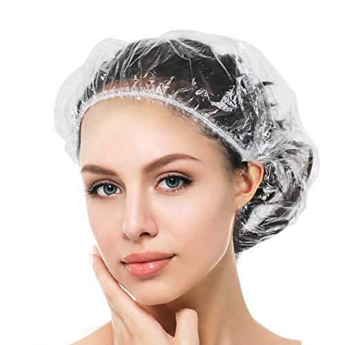 Auban Shower Cap Disposable, 100 PCS Bath Caps Large Thick Clear Waterproof Plastic Elastic Hair Bath Caps for Women Kids Girls, Travel Spa, Hotel and Hair Solon, Home Use