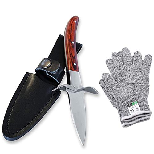 Oyster Shucking Knife,JSDOIN oyster knife, shucker knife with premium quality wood-handle 5-leve protection food grade glove (m) and Leather Sheath