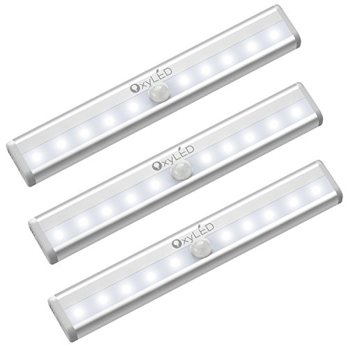 OxyLED Motion Sensor Closet Lights, Cordless Under Cabinet Lightening, Wireless Stick-on Anywhere Battery Operated 10 LED Night Light Bar, Safe Lights for Closet Cabinet Wardrobe Stairs, 3 Pack