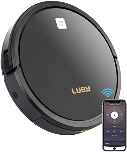 Luby Robot Vacuum Cleaner with Powerful 1600PA Suction Wi-Fi Connectivity, Self-Charging, Super-Thin, Quiet, Cleans for Pet Hair, Hard Floors, Low-Pile Carpets, Black