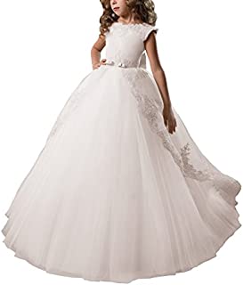 Fancy Flower Girl Dress Satin Lace Pageant Ball Gown (10, Ivory)