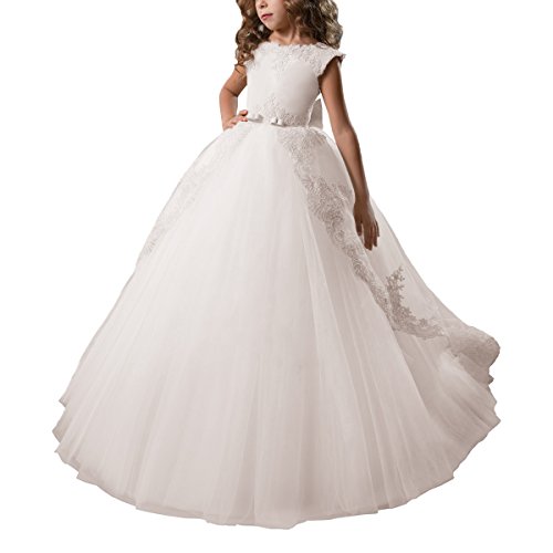 Fancy Flower Girl Dress Satin Lace Pageant Ball Gown (10, Ivory)