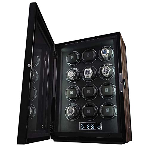 BILLSTONE Gentlemen 12 Slot Watch Box - Automatic Watch Winder Box - 4 Pre-Programmed Modes - Quiet Mabuchi Motor Winding Box for Watches - Self Winding Watch Box - Black Velvet Interior - Macassar Wood