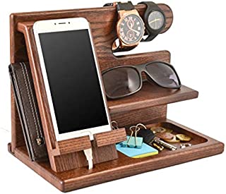 Wood Phone Docking Station Ash Key Holder Wallet Stand Watch Organizer Men Gift Husband Wife Anniversary Dad Birthday Nightstand Purse Father Graduation Male Travel Idea Gadgets