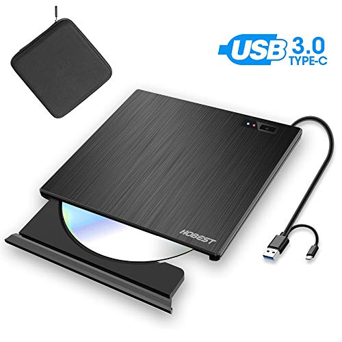 External CD DVD Drive, Hobest Portable USB-C & USB 3.0 CD DVD +/-RW ROM Burner/Writer Optical Drive, High Speed Data Transfer for PC Laptop Desktop MacBook Mac Windows (with Protective Carrying Case)