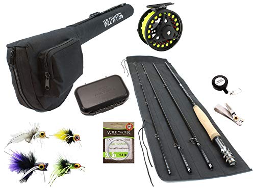 Wild Water Fly Fishing 9 Foot, 4-Piece, 5/6 Weight Fly Rod Complete Fly Fishing Rod and Reel Combo Starter Package for Panfish and Bass with Pultz Poppers