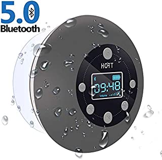 Shower Radio Bluetooth Speaker 5.0, HOTT Waterproof Wireless Bathroom Music with Suction Cup FM Microphone Hands-Free Calling 10 Hours LCD Clock Display SD Card Playing for iPhone iPad Samsung Nexus