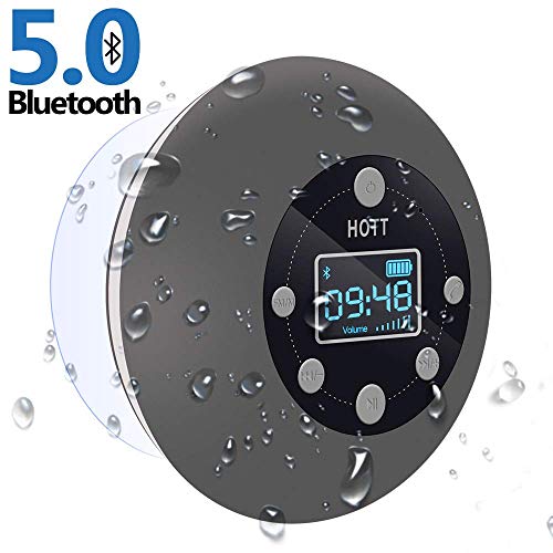 Shower Radio Bluetooth Speaker 5.0, HOTT Waterproof Wireless Bathroom Music with Suction Cup FM Microphone Hands-Free Calling 10 Hours LCD Clock Display SD Card Playing for iPhone iPad Samsung Nexus