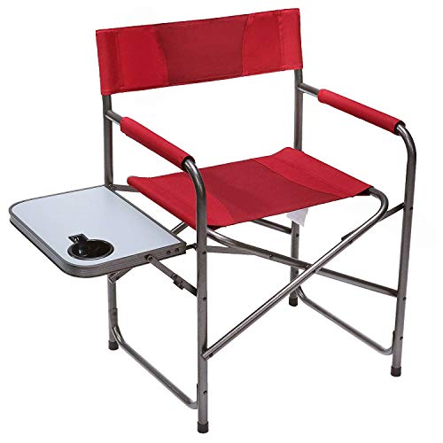 PORTAL Compact Steel Frame Folding Director's Chair Portable Camping Chair with Side Table, Supports 225 LBS, Red