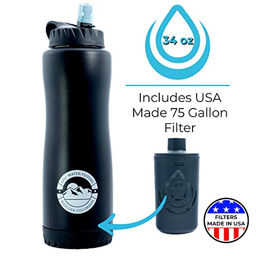 Epic Vostok | Stainless Water Filtration Bottle | Double Wall Vacuum Insulated 34 oz | USA Made Filter Removes 99.99% of Tap Water Contaminants Lead Chlorine Chromium 6 Arsenic Chloroform (Black)