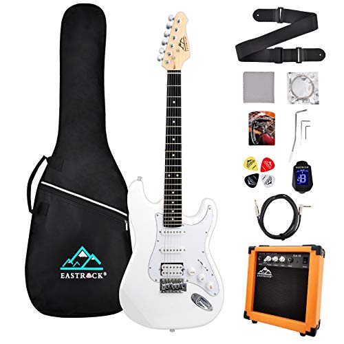 Eastrock 39 inch Full Size Electric Guitar Kit for Beginner Starter with 10w Amplifier, Bag, Capo,Shoulder Strap, String,Cable, Tuner,Picks (White)