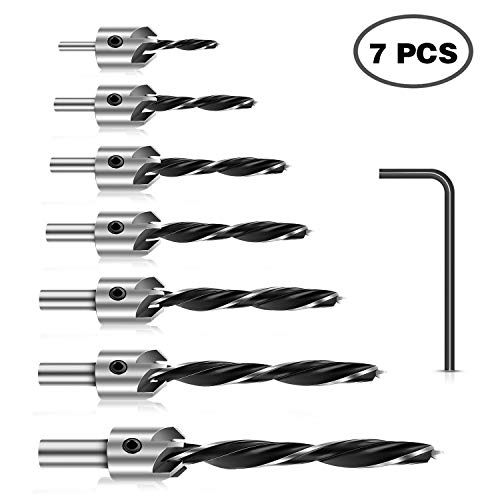 Werkzeug Countersink Drill Bits Set- 7Pcs Counter Sink Bit for Wood High Speed Steel, Woodworking Carpentry Reamer With 1 Free Hex Key Wrench