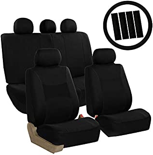 FH Group FB030BLACK115-COMBO Seat Cover Combo Set with Steering Wheel Cover and Seat Belt Pad (Airbag Compatible and Split Bench Black)