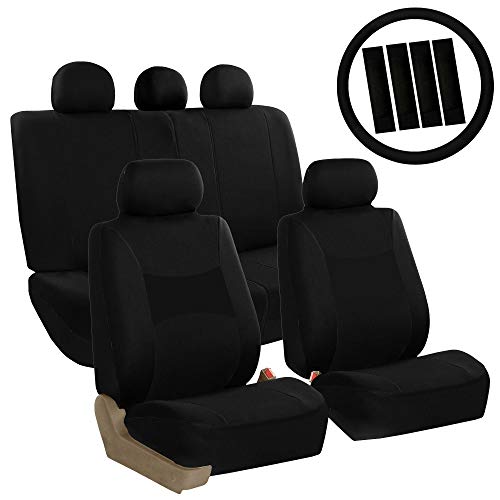 FH Group FB030BLACK115-COMBO Seat Cover Combo Set with Steering Wheel Cover and Seat Belt Pad (Airbag Compatible and Split Bench Black)