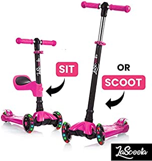 Lascoota 2-in-1 Kick Scooter with Removable Seat Great for Kids & Toddlers Girls or Boys  Adjustable Height w/Extra-Wide Deck PU Flashing Wheels for Children from 2 to 14 Year-Old (Pink)