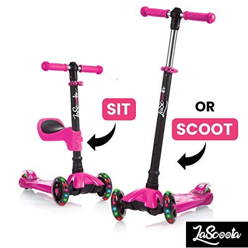 Lascoota 2-in-1 Kick Scooter with Removable Seat Great for Kids & Toddlers Girls or Boys  Adjustable Height w/Extra-Wide Deck PU Flashing Wheels for Children from 2 to 14 Year-Old (Pink)