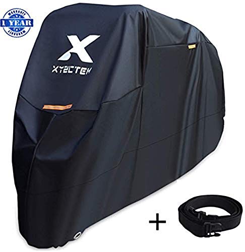 XYZCTEM Motorcycle Cover -Waterproof Outdoor Storage Bag,Made of Heavy Duty Material Fits up to 108 inch, Compatible with Harley Davison and All Motors(Black& Lockholes& Professional Windproof Strap)