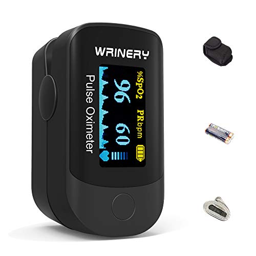 Oxygen Saturation Monitor, WRINERY Premium Fingertip Pulse Oximeter, Oxygen Monitor, O2 Saturation Monitor, OLED Portable Oximetry with Batteries, Carrying Case, Lanyard (Knight Black)