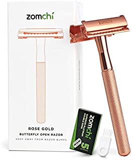 Butterfly Open Safety Razor for Women, Safety Razor with 5 Blades, Women Razor with a Delicate Box, Fits All Double Edge Razor Blades,Free of Plastic (Rose Gold)