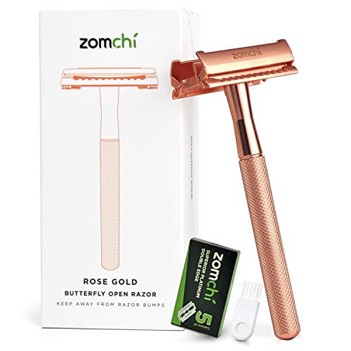 Butterfly Open Safety Razor for Women, Safety Razor with 5 Blades, Women Razor with a Delicate Box, Fits All Double Edge Razor Blades,Free of Plastic (Rose Gold)