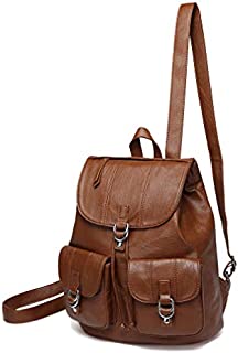 Mini Backpack Purse for Women,VASCHY Fashion Faux Leather Buckle Flap Drawstring Backpack for College with Two Front Pockets Brown