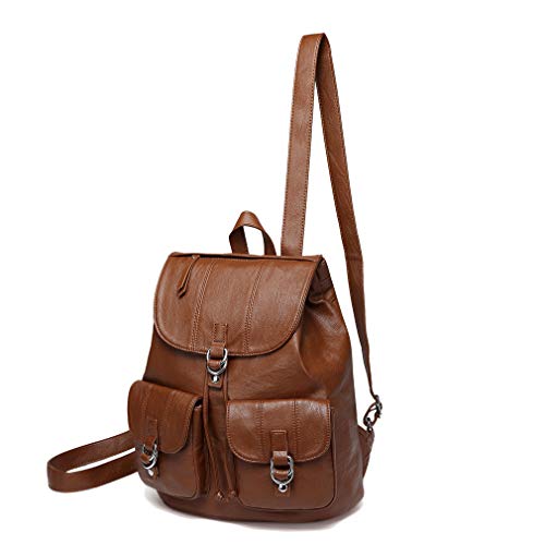 Mini Backpack Purse for Women,VASCHY Fashion Faux Leather Buckle Flap Drawstring Backpack for College with Two Front Pockets Brown