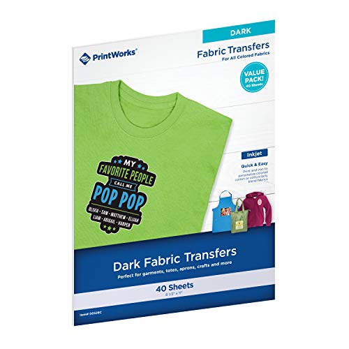 Printworks Dark T-Shirt Transfers for Inkjet Printers, for Use on Dark and Light/White Fabrics, Photo Quality Prints, 40 Sheets, 8 ½ x 11 (00529C)