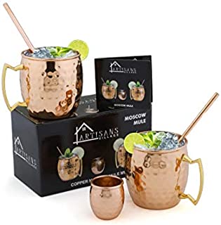 Moscow Mule Copper Mugs - Set of 2 - 16 oz 2 Cocktail Copper Straws and 1 Shot Glass (Pure Copper)