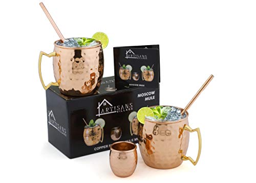 Moscow Mule Copper Mugs - Set of 2 - 16 oz 2 Cocktail Copper Straws and 1 Shot Glass (Pure Copper)