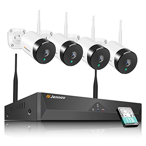 5MP Wireless WiFi Security CCTV Camera System, Jennov Audio Home Surveillance Video NVR Kit with 1TB HDD Outdoor, 4pcs Waterproof White Bullet Cameras with Night Vision Motion Detection Email Alarm