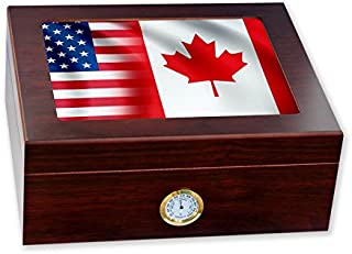 ExpressItBest Premium Desktop Humidor - Glass Top - Flag of Canada (Canadian) - Waves with USA Flag - Cedar Lined with humidifier & Front Mounted Hygrometer.