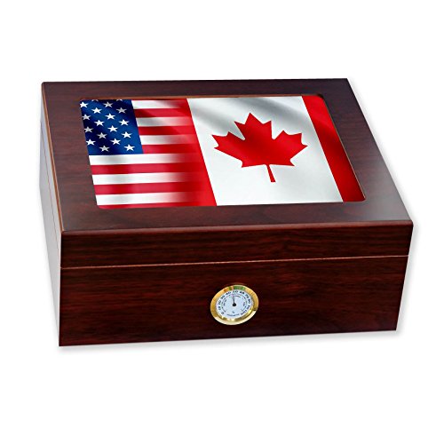 ExpressItBest Premium Desktop Humidor - Glass Top - Flag of Canada (Canadian) - Waves with USA Flag - Cedar Lined with humidifier & Front Mounted Hygrometer.