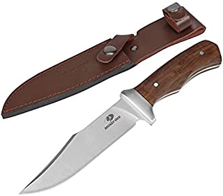 MOSSY OAK 11-inch Full-tang Fixed Blade Knife with Leather Sheath, Clip Point Blade and Wood Handle, for Outdoor Survival, Camping, Tactical