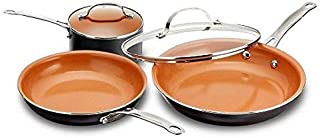 Gotham Steel 5 Piece Kitchen Essentials Cookware Set with Ultra Nonstick Copper Surface Dishwasher Safe, Cool Touch Handles- Includes Fry Pans, Stock Pot, and Glass Lids, Original