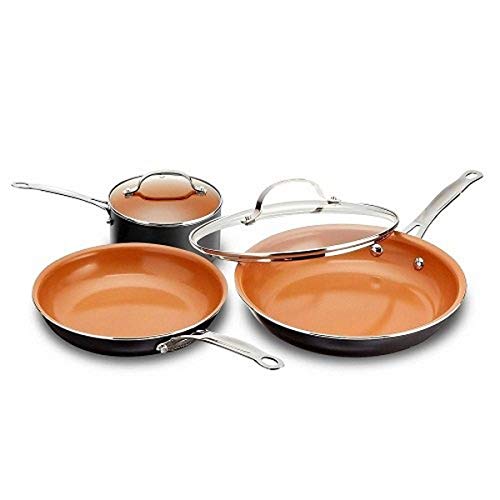 Gotham Steel 5 Piece Kitchen Essentials Cookware Set with Ultra Nonstick Copper Surface Dishwasher Safe, Cool Touch Handles- Includes Fry Pans, Stock Pot, and Glass Lids, Original