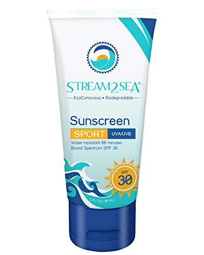 Stream2Sea Reef Safe Sport Mineral Sunscreen, Natural, Water Resistant, Biodegradable, Coral and Ocean Friendly Mineral Sunblock, UVA UVB (SPF 30, 3 Fl Oz)