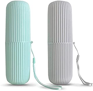 2Pcs Travel Toothbrush Holder, Portable Toothbrush Case for Traveling, Camping, Business Trip and School, Multifuction Plastic Toothbrushes Toothpaste Set with Two Colors, Green and Grey