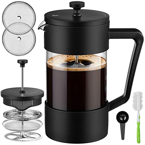 Veken French Press Coffee & Tea Maker 34oz, Thickened Borosilicate Glass Coffee Press with 3 Filter Screens, Rust-Free and Dishwasher Safe, 100% BPA Free, Black