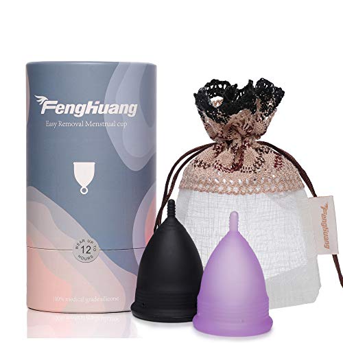 FENGHUANG Menstrual Cup for Beginners-Soft Reusable Period Cup-Tampon and Pad Alternative-Regular Flow 2 Cups (Purple(S)+Black(L))