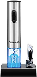 Chefman Electric Wine Opener with Foil Cutter, Automatic Corkscrew and Foil Remover, One Touch Wine Bottle Opener with Rechargeable Battery and Charging Stand, Stainless Steel 110/240V